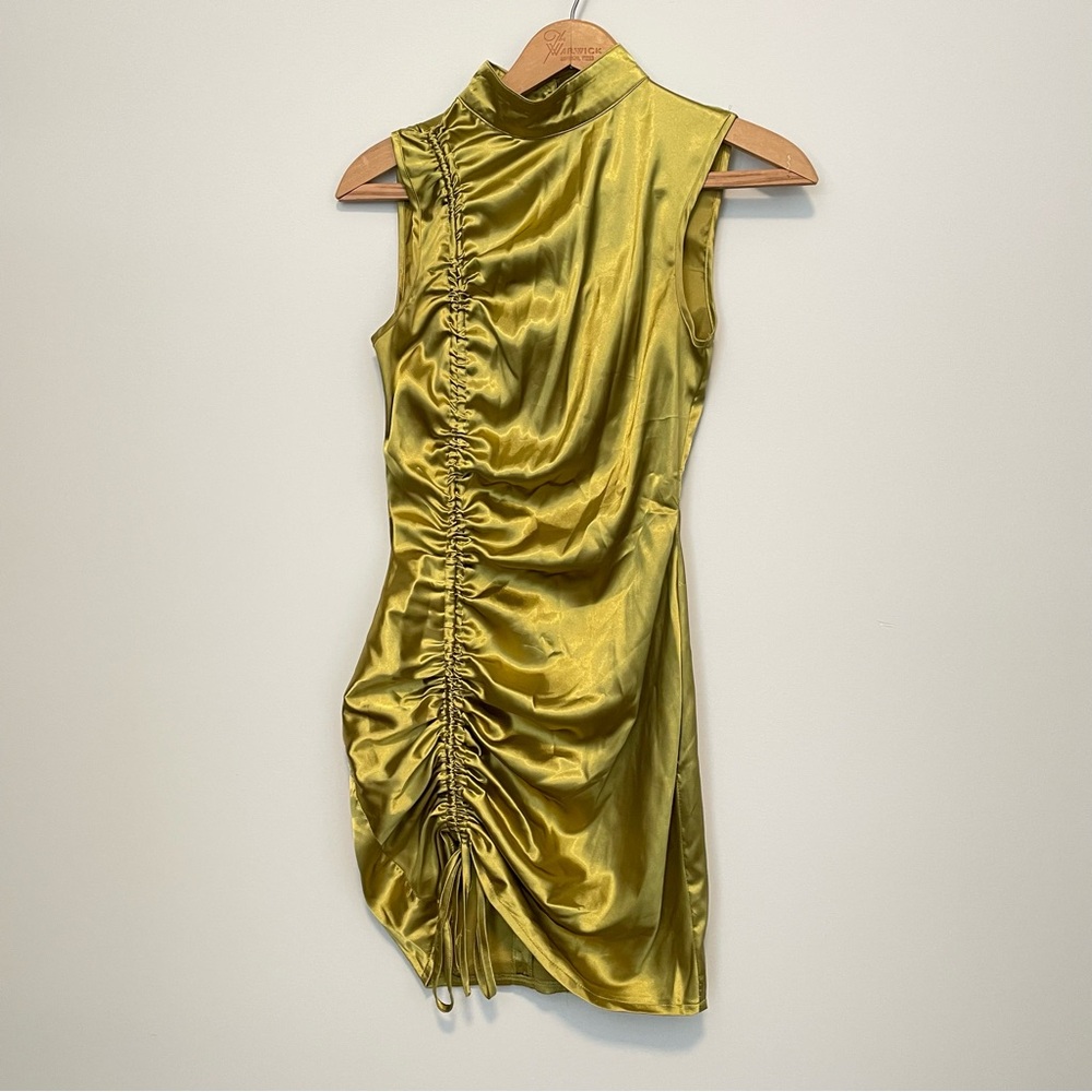 Satin Mini Dress Size 4 Green High Neck Ruched Asian Inspired